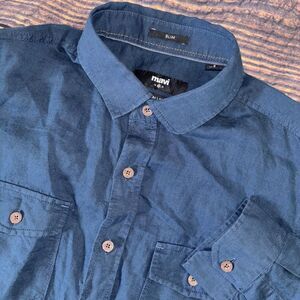 MAVI 100% Premium Linen Camp Shirt Mens Small Navy Slim Fit Long Slv Button Up